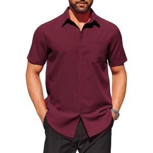 imageCOOFANDY Mens Short Sleeve Dress Shirts Wrinkle Free Button Down Shirts Stain Shield Shirts with PocketWine Red