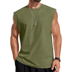 imageCOOFANDY Mens Sleeveless Shirts Cotton Workout Tank Tops Cut Off Shirts Gym Muscle Loose Fit TeeArmy Green