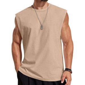 imageCOOFANDY Mens Sleeveless Shirts Cotton Workout Tank Tops Cut Off Shirts Gym Muscle Loose Fit TeeKhaki