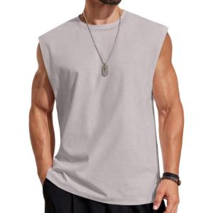 imageCOOFANDY Mens Sleeveless Shirts Cotton Workout Tank Tops Cut Off Shirts Gym Muscle Loose Fit TeeLight Grey