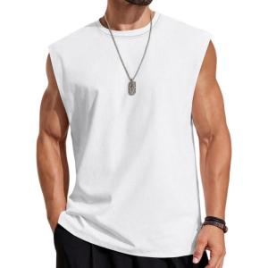 imageCOOFANDY Mens Sleeveless Shirts Cotton Workout Tank Tops Cut Off Shirts Gym Muscle Loose Fit TeePearl White