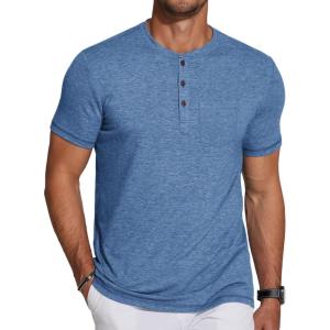 imageCOOFANDY Mens Soft Henley Short Sleeve T Shirts Casual Basic Shirt with Pocket 3 Button Tees Summer TopsBlue