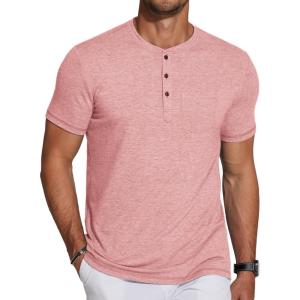 imageCOOFANDY Mens Soft Henley Short Sleeve T Shirts Casual Basic Shirt with Pocket 3 Button Tees Summer TopsPink