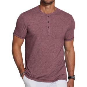 imageCOOFANDY Mens Soft Henley Short Sleeve T Shirts Casual Basic Shirt with Pocket 3 Button Tees Summer TopsWine Red