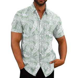imageCOOFANDY Mens Summer Beach Hawaiian Tropical Shirt Casual Short Sleeve ShirtGreen Plam Leaves