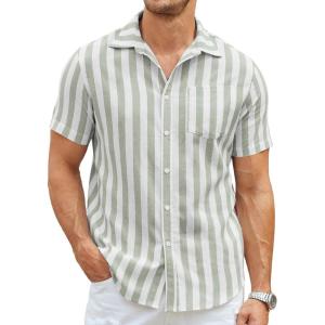 imageCOOFANDY Mens Summer Beach Hawaiian Tropical Shirt Casual Short Sleeve ShirtLinen  Green Thick Stripes