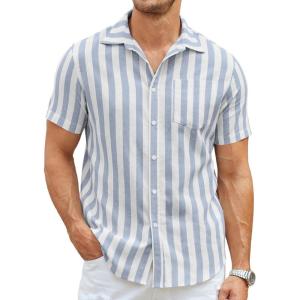 imageCOOFANDY Mens Summer Beach Hawaiian Tropical Shirt Casual Short Sleeve ShirtLinen  Light Blue Thick Stripes
