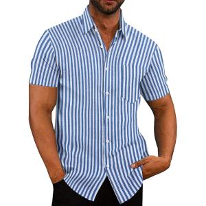 imageCOOFANDY Mens Summer Beach Hawaiian Tropical Shirt Casual Short Sleeve ShirtShort Sleeve  Blue Stripe