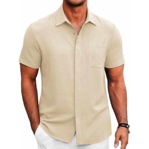 imageCOOFANDY Mens Summer Shirt Hawaiian Vacation Travel Button Down Slim Fit Shirts Light Coffee