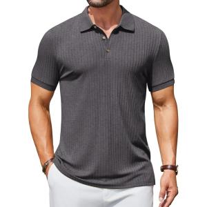 imageCOOFANDY Mens Textured Polo Shirts Short Sleeve Slim Fit Casual Button Polo TShirt Summer Collared Golf ShirtCharcoal Grey