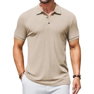 imageCOOFANDY Mens Textured Polo Shirts Short Sleeve Slim Fit Casual Button Polo TShirt Summer Collared Golf ShirtLight Khaki