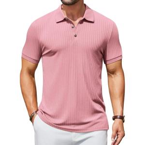 imageCOOFANDY Mens Textured Polo Shirts Short Sleeve Slim Fit Casual Button Polo TShirt Summer Collared Golf ShirtPink