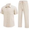 imageCOOFANDY Mens 2 Piece Sets Summer Outfits Short Sleeve Button Down Shirt Loose Pant Sets Beach Vacation OutfitsBeige
