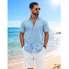 imageCOOFANDY Mens Button Down Shirts Short Sleeve Casual Shirt Cotton Summer Beach Linen Wedding ShirtsClear Blue
