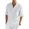 imageCOOFANDY Mens Cotton Linen Henley TShirt Long Sleeve Hippie Casual Beach TShirtsBlue Pinstripe