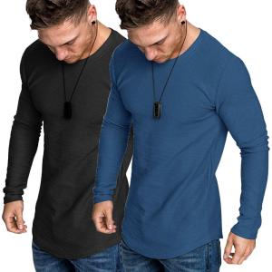 imageCOOFANDY Men 2 Pack Muscle Fitted T Shirt Gym Workout Athletic Long Sleeves TeeBlackDenim Blue
