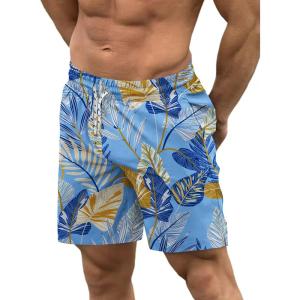 imageCOOFANDY Men Swim Trunk with Compression Liner 2 in 1 Swimwear Bathing Suit Quick Dry Board ShortP Light Blue Leaves