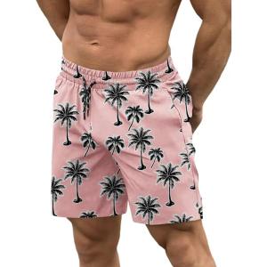 imageCOOFANDY Men Swim Trunk with Compression Liner 2 in 1 Swimwear Bathing Suit Quick Dry Board ShortP Pink Coconut Tree
