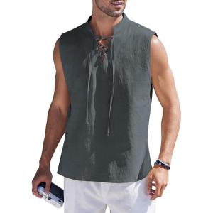 imageCOOFANDY Men Tank Top Cotton Linen Beach Sleeveless Shirt Lace Up Bohemian Hippie Renaissance Pirate Kilt Medieval TunicDrak Gray
