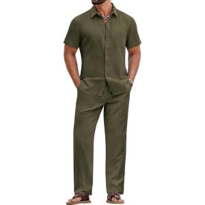 imageCOOFANDY Mens 2 Piece Sets Summer Outfits Short Sleeve Button Down Shirt Loose Pant Sets Beach Vacation OutfitsArmy Green