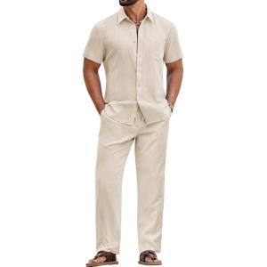 imageCOOFANDY Mens 2 Piece Sets Summer Outfits Short Sleeve Button Down Shirt Loose Pant Sets Beach Vacation OutfitsBeige