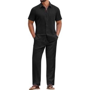 imageCOOFANDY Mens 2 Piece Sets Summer Outfits Short Sleeve Button Down Shirt Loose Pant Sets Beach Vacation OutfitsBlack