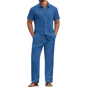 imageCOOFANDY Mens 2 Piece Sets Summer Outfits Short Sleeve Button Down Shirt Loose Pant Sets Beach Vacation OutfitsDenim Blue