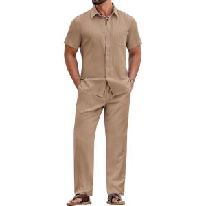 imageCOOFANDY Mens 2 Piece Sets Summer Outfits Short Sleeve Button Down Shirt Loose Pant Sets Beach Vacation OutfitsKhaki