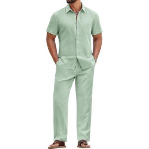 imageCOOFANDY Mens 2 Piece Sets Summer Outfits Short Sleeve Button Down Shirt Loose Pant Sets Beach Vacation OutfitsSage Green