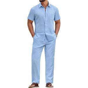 imageCOOFANDY Mens 2 Piece Sets Summer Outfits Short Sleeve Button Down Shirt Loose Pant Sets Beach Vacation OutfitsSky Blue
