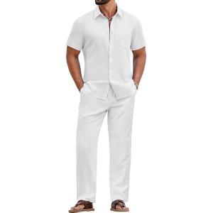 imageCOOFANDY Mens 2 Piece Sets Summer Outfits Short Sleeve Button Down Shirt Loose Pant Sets Beach Vacation OutfitsWhite