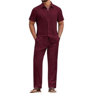 imageCOOFANDY Mens 2 Piece Sets Summer Outfits Short Sleeve Button Down Shirt Loose Pant Sets Beach Vacation OutfitsWine Red