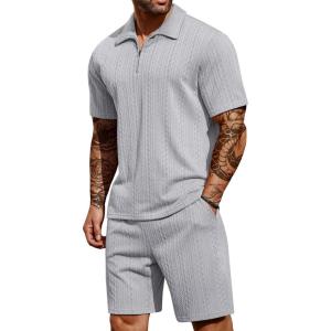 imageCOOFANDY Mens 2 Pieces Outfits Casual Quarter Zip Polo Shirt and Shorts Set Athletic Jogging Summer TracksuitLight Heather Grey