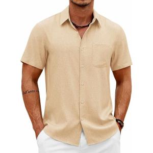 imageCOOFANDY Mens Button Down Shirt Short Sleeve Casual Shirts Summer Beach Wedding Linen Shirt with PocketBeige