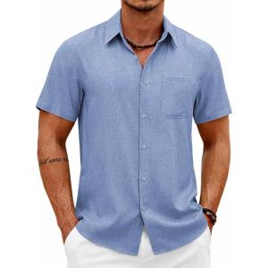 imageCOOFANDY Mens Button Down Shirt Short Sleeve Casual Shirts Summer Beach Wedding Linen Shirt with PocketBlue