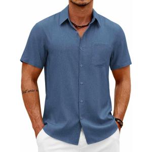 imageCOOFANDY Mens Button Down Shirt Short Sleeve Casual Shirts Summer Beach Wedding Linen Shirt with PocketDark Blue