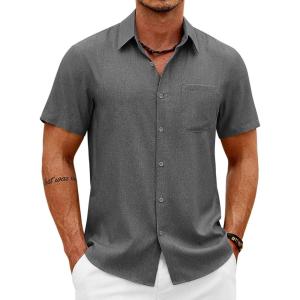 imageCOOFANDY Mens Button Down Shirt Short Sleeve Casual Shirts Summer Beach Wedding Linen Shirt with PocketDark Grey