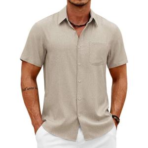 imageCOOFANDY Mens Button Down Shirt Short Sleeve Casual Shirts Summer Beach Wedding Linen Shirt with PocketKhaki