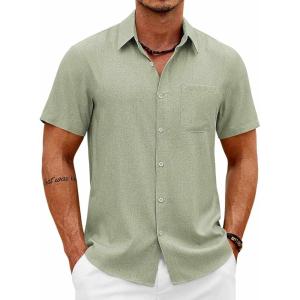 imageCOOFANDY Mens Button Down Shirt Short Sleeve Casual Shirts Summer Beach Wedding Linen Shirt with PocketLight Green