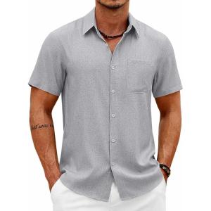 imageCOOFANDY Mens Button Down Shirt Short Sleeve Casual Shirts Summer Beach Wedding Linen Shirt with PocketLight Grey