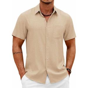 imageCOOFANDY Mens Button Down Shirt Short Sleeve Casual Shirts Summer Beach Wedding Linen Shirt with PocketLight Khaki