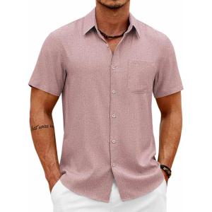 imageCOOFANDY Mens Button Down Shirt Short Sleeve Casual Shirts Summer Beach Wedding Linen Shirt with PocketPink
