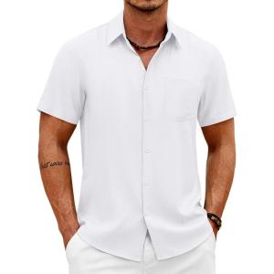 imageCOOFANDY Mens Button Down Shirt Short Sleeve Casual Shirts Summer Beach Wedding Linen Shirt with PocketWhite