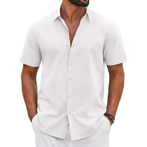 imageCOOFANDY Mens Button Down Shirts Short Sleeve Casual Shirt Cotton Summer Beach Linen Wedding ShirtsAwhite