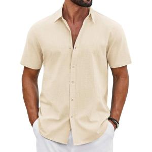 imageCOOFANDY Mens Button Down Shirts Short Sleeve Casual Shirt Cotton Summer Beach Linen Wedding ShirtsBeige