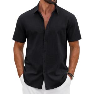 imageCOOFANDY Mens Button Down Shirts Short Sleeve Casual Shirt Cotton Summer Beach Linen Wedding ShirtsBlack