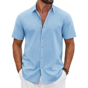 imageCOOFANDY Mens Button Down Shirts Short Sleeve Casual Shirt Cotton Summer Beach Linen Wedding ShirtsClear Blue