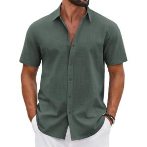 imageCOOFANDY Mens Button Down Shirts Short Sleeve Casual Shirt Cotton Summer Beach Linen Wedding ShirtsDark Green