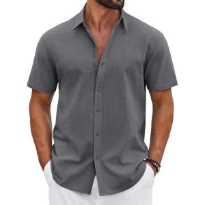 imageCOOFANDY Mens Button Down Shirts Short Sleeve Casual Shirt Cotton Summer Beach Linen Wedding ShirtsDark Grey