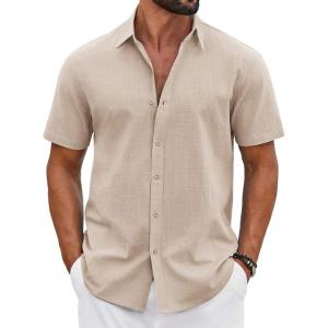 imageCOOFANDY Mens Button Down Shirts Short Sleeve Casual Shirt Cotton Summer Beach Linen Wedding ShirtsKhaki